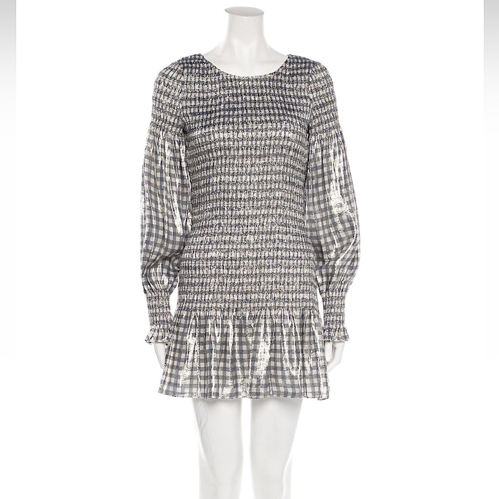 LoveShackFancy gingham silk mini dress black white gold xsmall - Picture 2 of 10